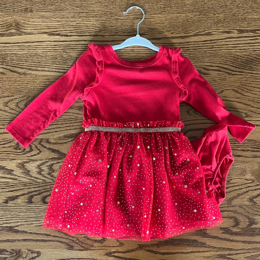 Holiday Christmas Sparkly Red Knit Top Dress w/Tulle Skirt Cat & Jack EUC